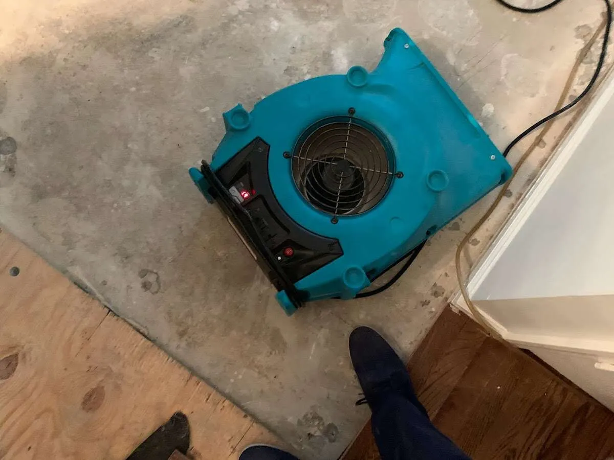 Air mover drying subfloor during Commercial Water Damage Restoration in La Puente